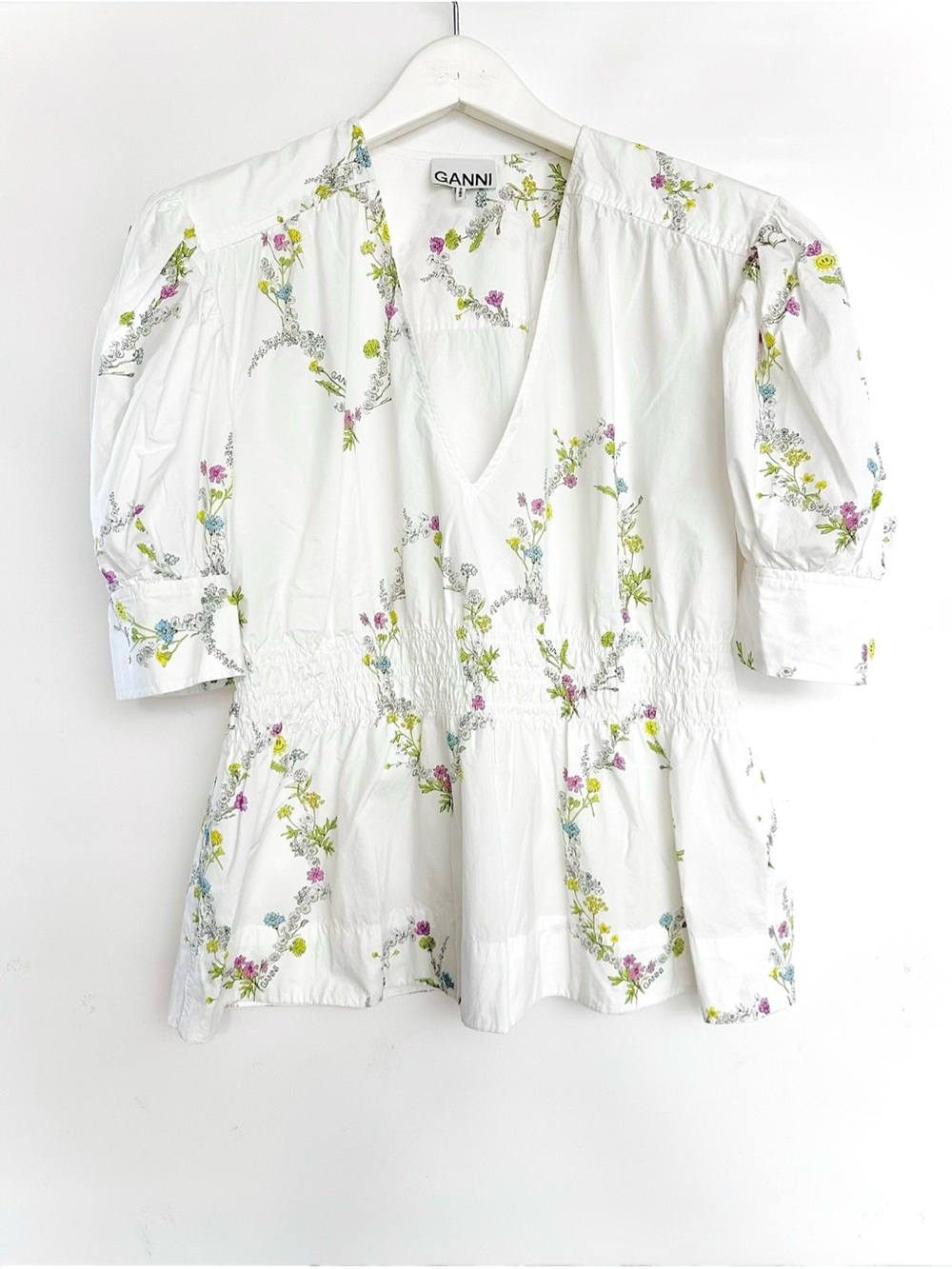 GANNI blouse White Floral poplin Peplum